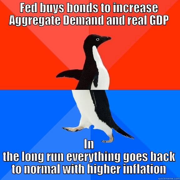 FED BUYS BONDS TO INCREASE AGGREGATE DEMAND AND REAL GDP IN THE LONG RUN EVERYTHING GOES BACK TO NORMAL WITH HIGHER INFLATION Socially Awesome Awkward Penguin