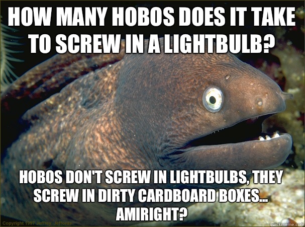 How many hobos does it take to screw in a lightbulb? Hobos don't screw in lightbulbs, they screw in dirty cardboard boxes... 
Amiright?  Bad Joke Eel