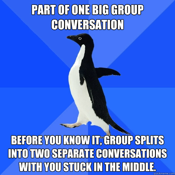 Part of one big group conversation Before you know it, group splits into two separate conversations with you stuck in the middle.  Socially Awkward Penguin