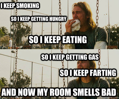 I keep smoking So I keep getting hungry So I keep eating So I keep getting gas So I keep farting And now my room smells bad  First World Stoner Problems