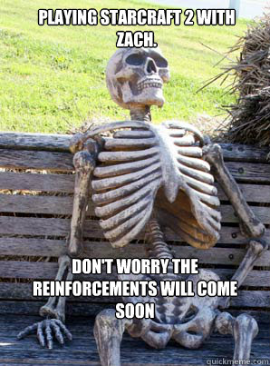 Playing StarCraft 2 with Zach. Don't worry the reinforcements will come soon  its about time skeleton