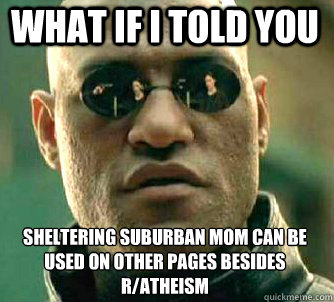 what if i told you Sheltering suburban mom can be used on other pages besides r/atheism  Matrix Morpheus