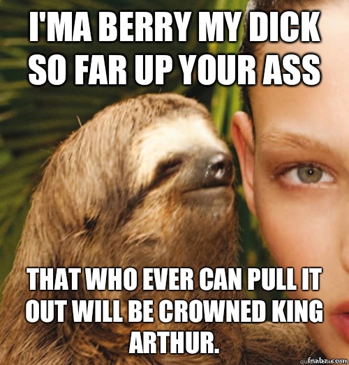 I'ma berry my dick so far up your ass that who ever can pull it out will be crowned King Arthur.  rape sloth