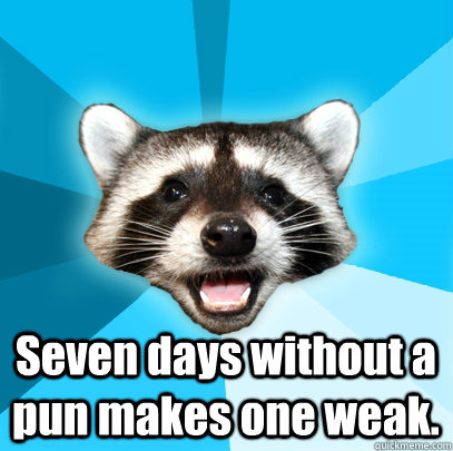  Seven days without a pun makes one weak.  Lame Pun Coon
