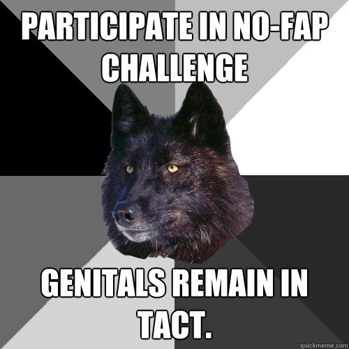 Participate in no-fap challenge genitals remain in tact.  Sanity Wolf