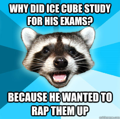 why did ice cube study for his exams? because he wanted to rap them up  Lame Pun Coon