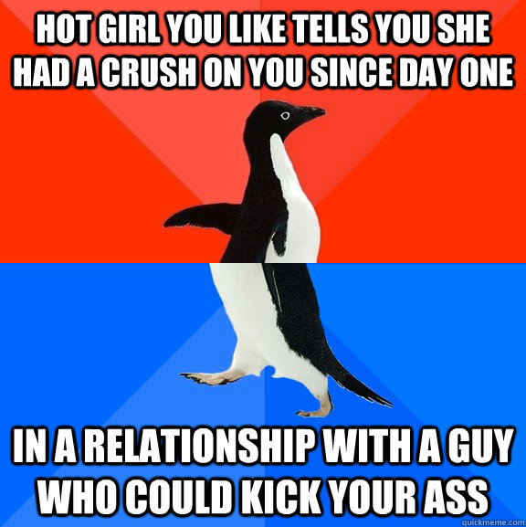 Hot girl you like tells you she had a crush on you since day one In a relationship with a guy who could kick your ass  Socially Awesome Awkward Penguin