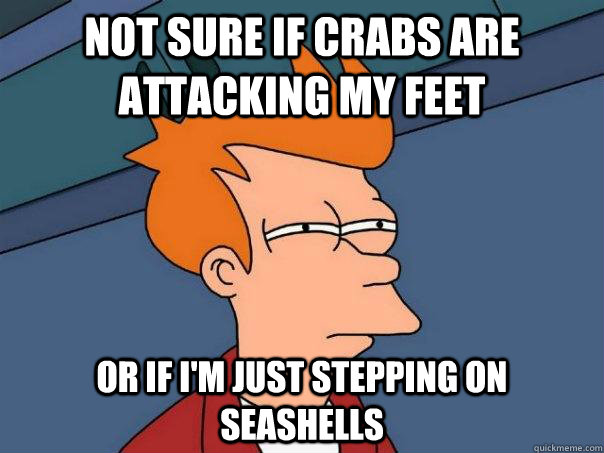 Not sure if crabs are attacking my feet or if I'm just stepping on seashells - Not sure if crabs are attacking my feet or if I'm just stepping on seashells  Futurama Fry