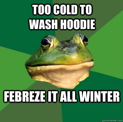 Too cold to                wash hoodie febreze it all winter  Foul Bachelor Frog