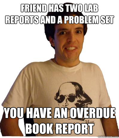 Friend has two lab reports and a problem set You have an overdue book report - Friend has two lab reports and a problem set You have an overdue book report  English major