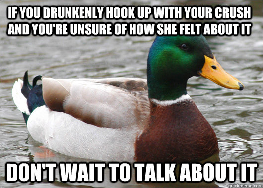 If you drunkenly hook up with your crush and you're unsure of how she felt about it don't wait to talk about it  Actual Advice Mallard