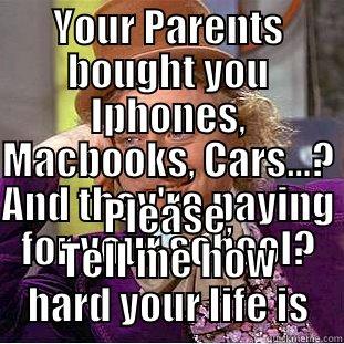 YOUR PARENTS BOUGHT YOU IPHONES, MACBOOKS, CARS...? AND THEY'RE PAYING FOR YOUR SCHOOL? PLEASE, TELL ME HOW HARD YOUR LIFE IS Condescending Wonka