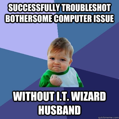successfully troubleshot bothersome computer issue without I.T. wizard husband  Success Kid