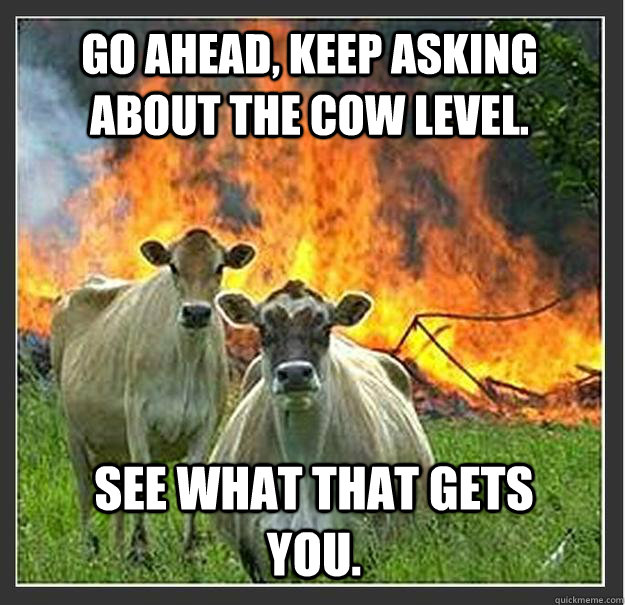 Go ahead, keep asking about the cow level. See what that gets you.  Evil cows