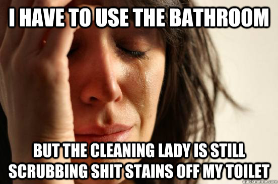 I have to use the bathroom but the cleaning lady is still scrubbing shit stains off my toilet  First World Problems