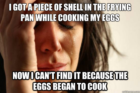 I got a piece of shell in the frying pan while cooking my eggs Now I can't find it because the eggs began to cook  First World Problems