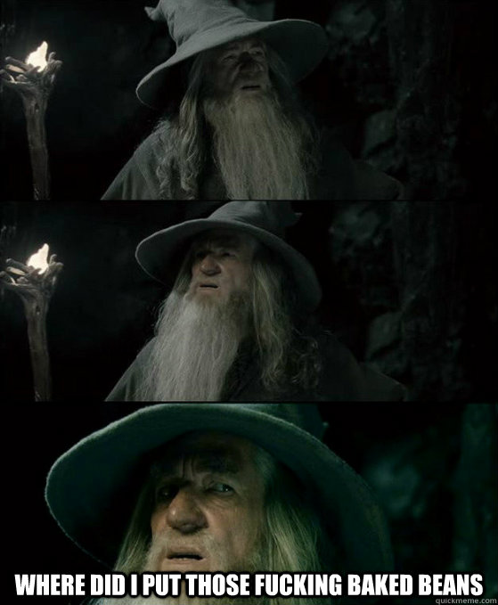  WHERE DID I PUT THOSE FUCKING BAKED BEANS -  WHERE DID I PUT THOSE FUCKING BAKED BEANS  Confused Gandalf