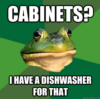 Cabinets? I have a dishwasher for that  Foul Bachelor Frog