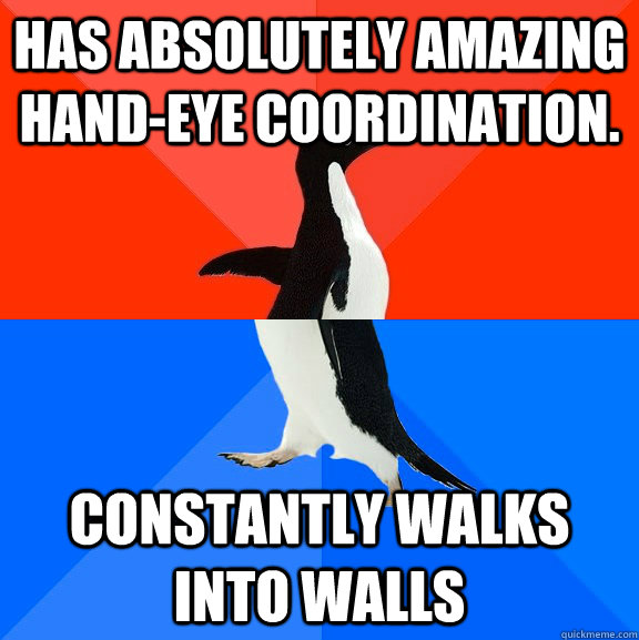 Has absolutely amazing hand-eye coordination. Constantly walks into walls   Socially Awesome Awkward Penguin