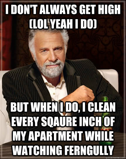i don't always get high (lol yeah i do) but when i do, i clean every sqaure inch of my apartment while watching ferngully  The Most Interesting Man In The World