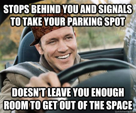 Stops behind you and signals to take your parking spot Doesn't leave you enough room to get out of the space  SCUMBAG DRIVER