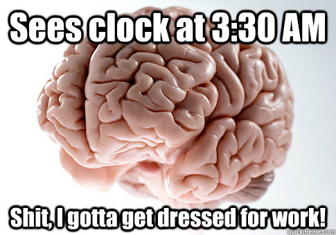 Sees clock at 3:30 AM Shit, I gotta get dressed for work!   Scumbag Brain