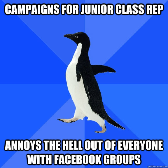 Campaigns for junior class rep Annoys the hell out of everyone with facebook groups  Socially Awkward Penguin