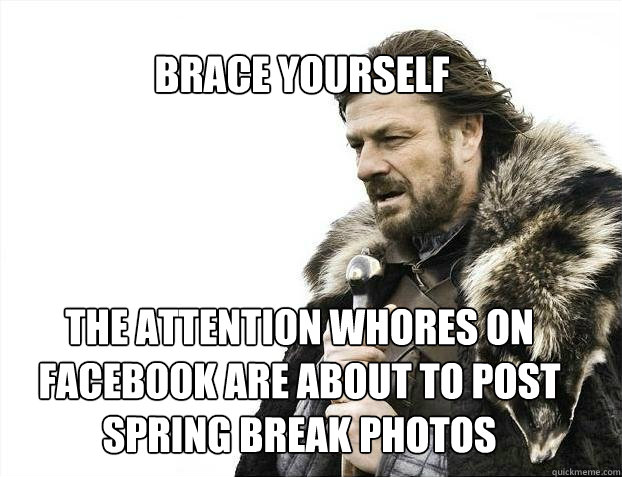 BRACE YOURSELF The attention whores on facebook are about to post spring break photos  BRACE YOURSELF TIMELINE POSTS