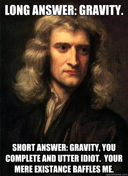 Long Answer: Gravity. Short Answer: Gravity, You complete and utter idiot.  Your mere existance baffles me. - Long Answer: Gravity. Short Answer: Gravity, You complete and utter idiot.  Your mere existance baffles me.  Sir Isaac Newton