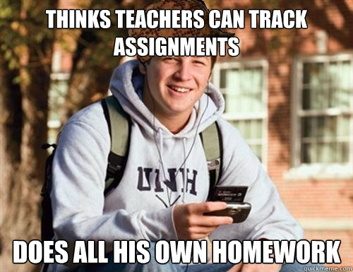 Thinks teachers can track assignments does all his own homework  College Freshman
