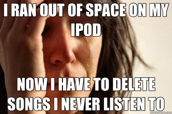 I RAN OUT OF SPACE ON MY IPOD NOW I HAVE TO DELETE SONGS I NEVER LISTEN TO  First World Problems