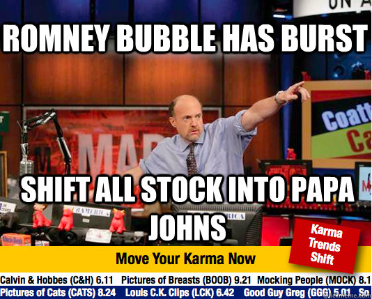 Romney bubble has burst Shift all stock into papa johns - Romney bubble has burst Shift all stock into papa johns  Mad Karma with Jim Cramer
