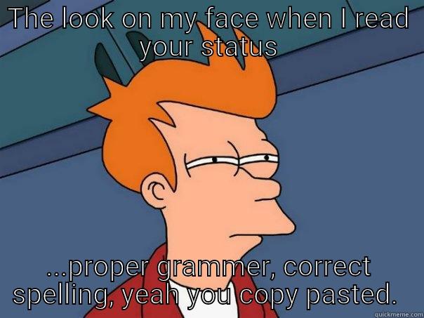 spelling and grammer - THE LOOK ON MY FACE WHEN I READ YOUR STATUS ...PROPER GRAMMER, CORRECT SPELLING, YEAH YOU COPY PASTED.  Futurama Fry