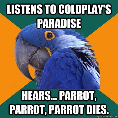 Listens to coldplay's paradise hears... parrot, parrot, parrot dies. - Listens to coldplay's paradise hears... parrot, parrot, parrot dies.  Paranoid Parrot