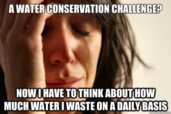 A water conservation challenge?  Now i have to think about how much water i waste on a daily basis  First World Problems
