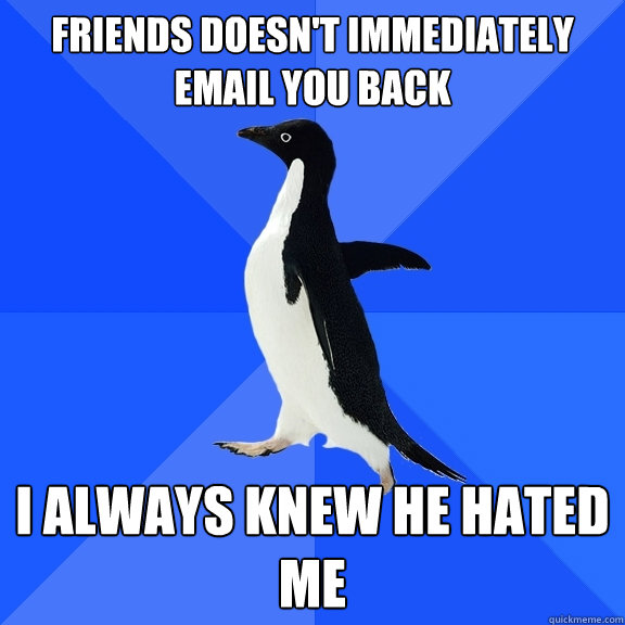 friends doesn't immediately email you back i always knew he hated me  Socially Awkward Penguin