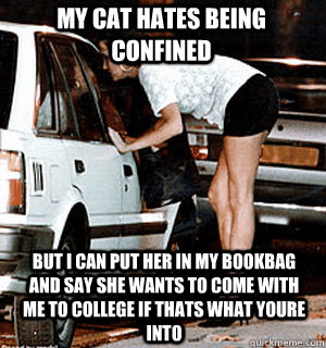my cat hates being confined but i can put her in my bookbag and say she wants to come with me to college if thats what youre into  Karma Whore