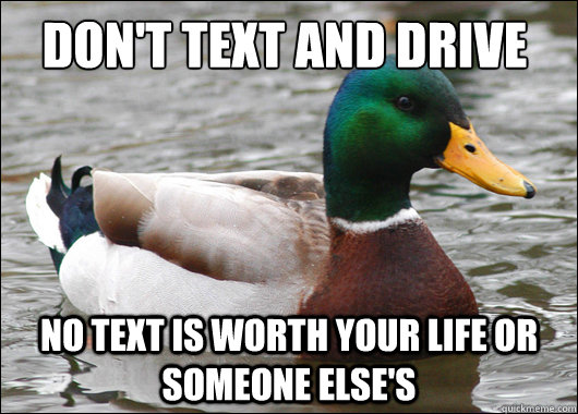 Don't text and drive no text is worth your life or someone else's  Actual Advice Mallard
