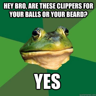 hey Bro, are these clippers for your balls or your beard? yes - hey Bro, are these clippers for your balls or your beard? yes  Foul Bachelor Frog