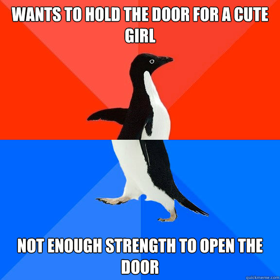 Wants to hold the door for a cute girl Not enough strength to open the door  Socially Awesome Awkward Penguin