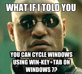 What if I told you you can cycle windows using Win-key+tab on windows 7?  What if I told you