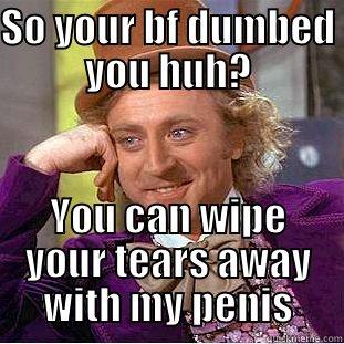 SO YOUR BF DUMBED YOU HUH? YOU CAN WIPE YOUR TEARS AWAY WITH MY PENIS Condescending Wonka