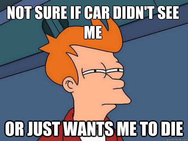 Not sure if car didn't see me or just wants me to die  Futurama Fry