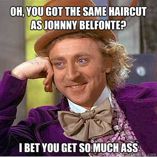 Oh, you got the same haircut as Johnny Belfonte? I bet you get so much ass  Willy Wonka Meme