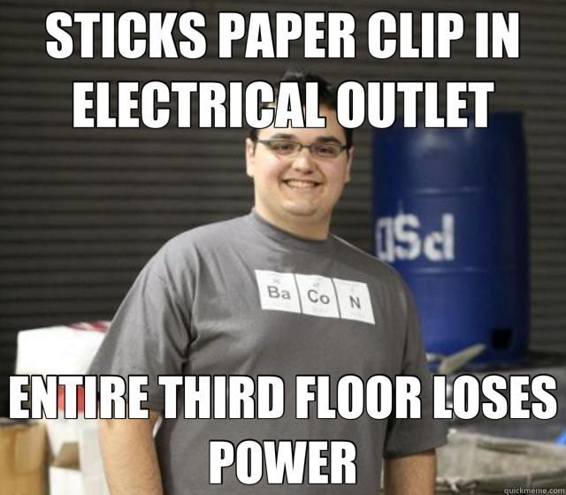 STICKS PAPER CLIP IN ELECTRICAL OUTLET ENTIRE THIRD FLOOR LOSES POWER - STICKS PAPER CLIP IN ELECTRICAL OUTLET ENTIRE THIRD FLOOR LOSES POWER  Misc