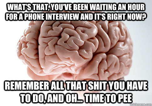 What's that, you've been waiting an hour for a phone interview and it's right now? Remember all that shit you have to do, and oh... time to pee  Scumbag Brain