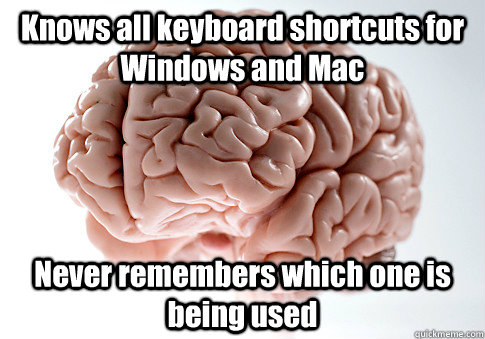 Knows all keyboard shortcuts for Windows and Mac Never remembers which one is being used  - Knows all keyboard shortcuts for Windows and Mac Never remembers which one is being used   Scumbag Brain