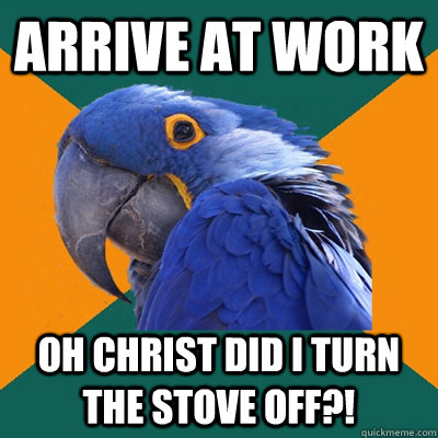 arrive at work oh christ did i turn the stove off?!  Paranoid Parrot