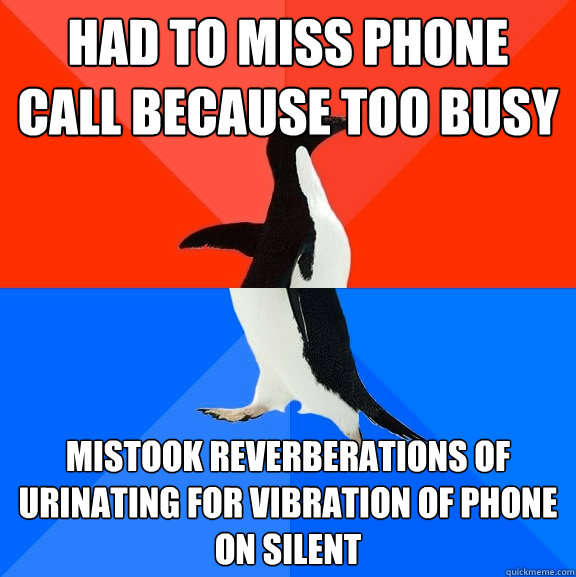 had to miss phone call because too busy mistook reverberations of urinating for vibration of phone on silent  Socially Awesome Awkward Penguin