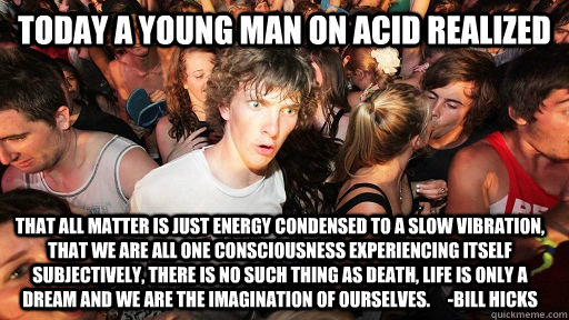 Today a young man on acid realized that all matter is just energy condensed to a slow vibration, that we are all one consciousness experiencing itself subjectively, there is no such thing as death, life is only a dream and we are the imagination of oursel  Sudden Clarity Clarence